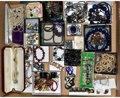 A BOX OF COSTUME JEWELLERY, to include an amethyst bracelet, imitation pearl necklaces, china flower brooches and earrings, b