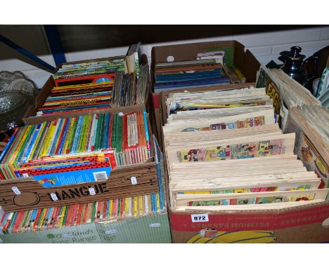 FIVE BOXES OF CHILDRENS BOOKS AND COMICS to include Ladybird, Thomas the Tank Engine etc, Rupert Annuals, The Dandy Annual, J