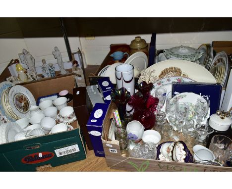 FIVE BOXES AND LOOSE CERAMICS AND GLASSWARE, to include Minton 'Ancestral' tea cups and saucers, Wedgwood white tea ware, Cop