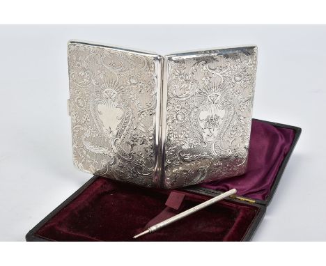 A CASED LATE VICTORIAN SILVER RECTANGULAR CARD CASE, engine turned and foliate engraved decoration, engraved initials to the 