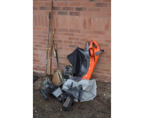 THREE GALVANISED WATERING CANS together with a collection of garden hand tools, fuel can, Flymo garden vacand a set of three 