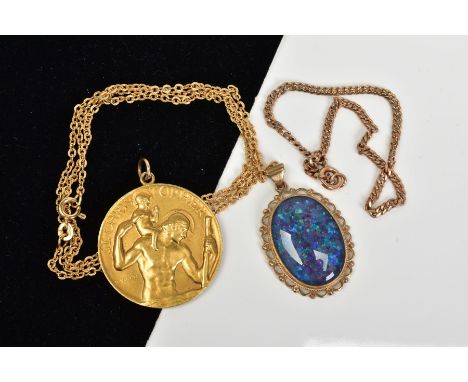 TWO PENDANTS AND A BRACELET, to include a 9ct opal triplet oval pendant within a scalloped surround suspended from a textured