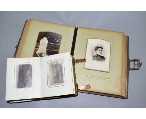 TWO VICTORIAN PHOTOGRAPH ALBUMS, leather bound albums, gold page edging with metal clasps, containing assorted portrait photo