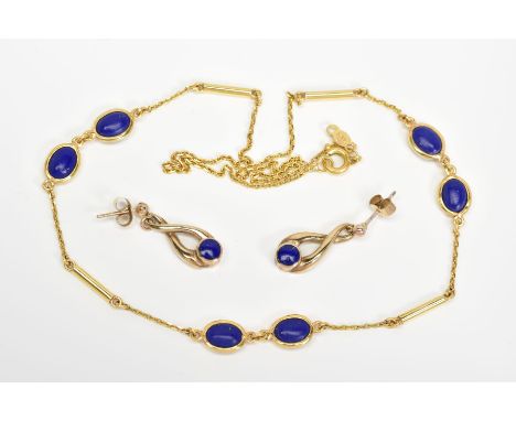 A LAPIS LAZULI NECKLACE AND EARRINGS, the necklace designed with six oval lapis lazuli cabochons on a bar and belcher link ch