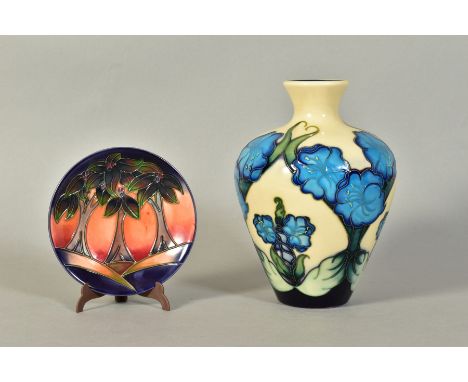 TWO PIECES MOORCROFT POTTERY, a baluster vase, blue flower decoration on cream ground, impressed marks and painted 2009 to ba