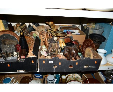 FIVE BOXES AND LOOSE OF SUNDRY ITEMS to include leather covered jumping horse, treen, metalware clocks, table lamps, oil lamp