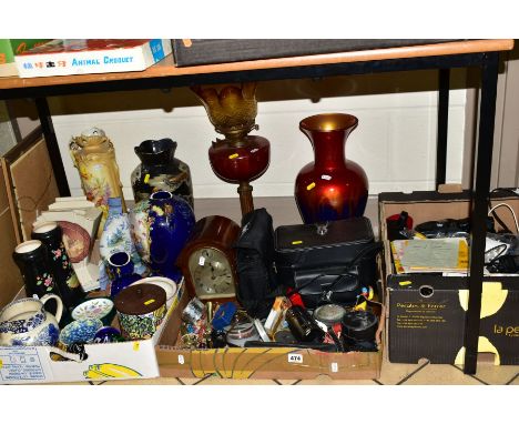 THREE BOXES AND LOOSE CERAMICS, SUNDRIES, PICTURES, etc, to include oil lamp, glass reservoir and shade, a W.A. Perry &amp; C