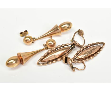 TWO PAIRS OF LATE 19TH TO EARLY 20TH CENTURY GOLD DROP EARRINGS, one pair a smooth bomb style drop, post and scroll fitting (