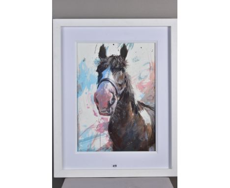 JAMES BARTHOLOMEW (BRITISH CONTEMPORARY) 'PIEBALD HORSE II' a portrait of a horse, signed bottom left, watercolour and pastel