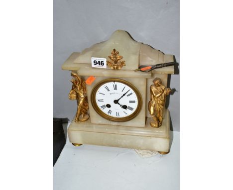 A FRENCH MARBLE MANTLE CLOCK, by Bachmann &amp; Co Paris, having enamelled dial with Roman numerals, a pair of gilded musicia