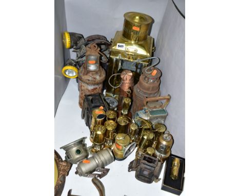 A SQUARE BRASS HAND HELD STORM LANTERN, height 38cm, with various lamps, cycle lamps, decorative brass lamps etc