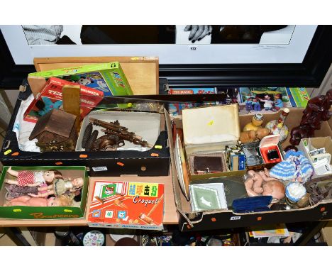 THREE BOXES AND LOOSE TOYS, SUNDRIES, etc, to include lighters, oriental vases, playing cards, jig-saws puzzles, cuckcoo cloc