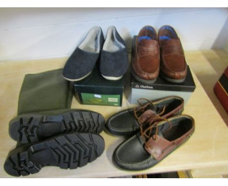 Men's shoes- 2 pairs of deck shoes, one pair by Chatham-size 10 (in box) and a pair of M&amp;S- size 10, a pair of sheepskin 