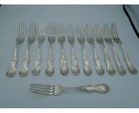 11 Tiffany &amp; Co Sterling silver forks marked 1870. plus one other marked sterling approx. 75g each  Other fork 60g 905g t