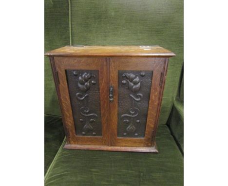 Oak smokers/pipe cabinet with ornate doors and 5 drawers within H40cm W40cm D19cm approx