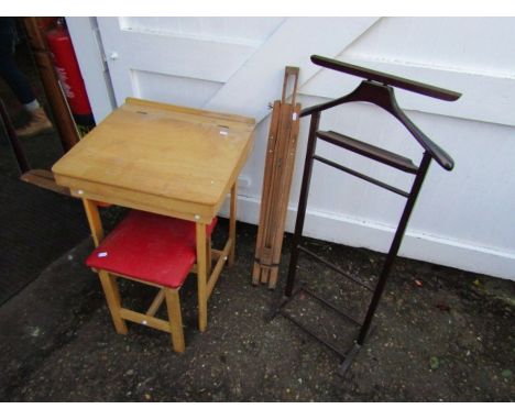 School desk with stool and wooden easel etc 