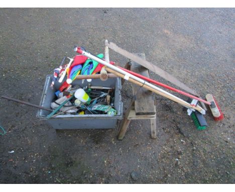 Tools, parasols and wooden trestle etc 