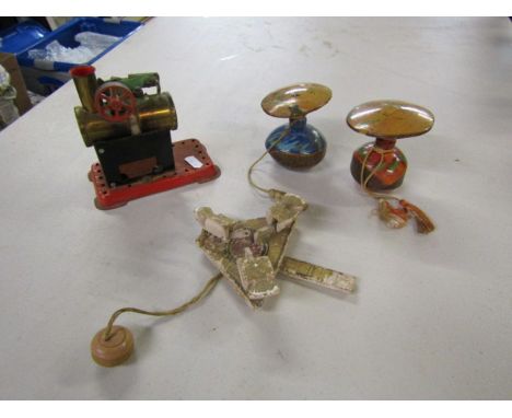 Mamod steam engine, Norfolk (Shouldham)  made German/ Italian prisoner of war camp wooden toy and 2 wooden Japanese dolls