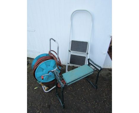 Gardena hose pipe and reel and metal steps etc 