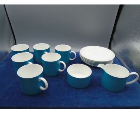 Susie Cooper Wedgwood part coffee service - 6 saucers are 'Amber' C2095 and 6 coffee cans, cream jug and sugar bowl are Kingf