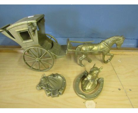 Brass horse and carriage, horse head door knocker and plaque