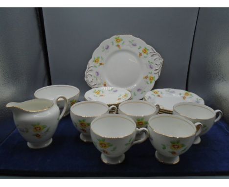 Vintage Salisbury part tea service incl serving plate, 6 sandwich plates, 5 cups and 6 saucers, milk jug and sugar bowl