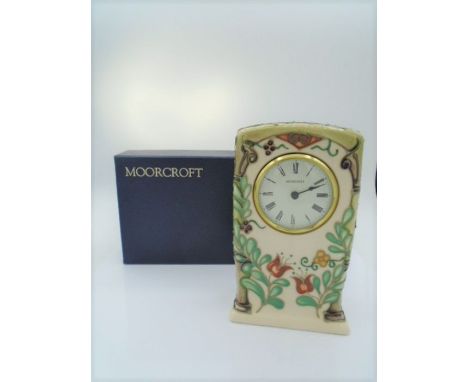 Moorcroft Trellis pattern clock designed by Sally Tuffin, numbered 190/300, marks to base, approx 16cm tall, boxed
