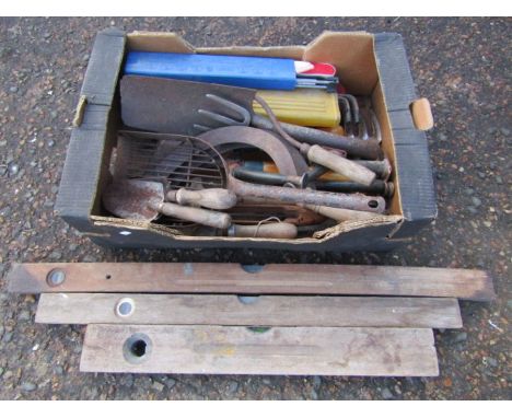 Box of tools including vintage spirit levels etc