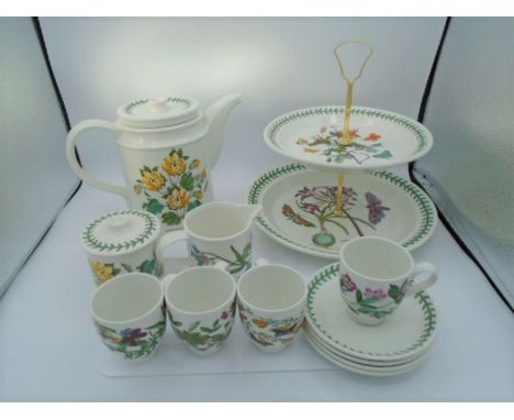 Portmeirion afternoon coffee service to include coffee pot, lidded sugar bowl, cream jug, 4 cups and saucers and two-tier san