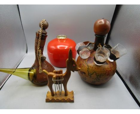 Barware- decanter with leather cover and shot glass attachment (1 glass missing) spanish pitcher, retro ice box and treen pic