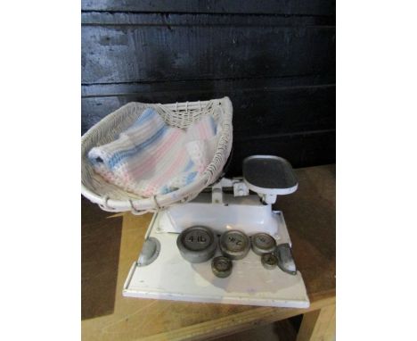 Vintage baby scales with weights and wicker weighing basket- includes a crochet blanket