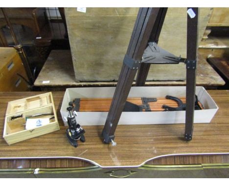 2 wooden telescope tripods and boxed microscope 