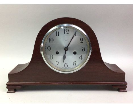 MAHOGANY MANTEL CLOCK, AND ANOTHER CLOCK also a brass timepiece and a set of Coronation teaspoons in fitted casethe mantel cl