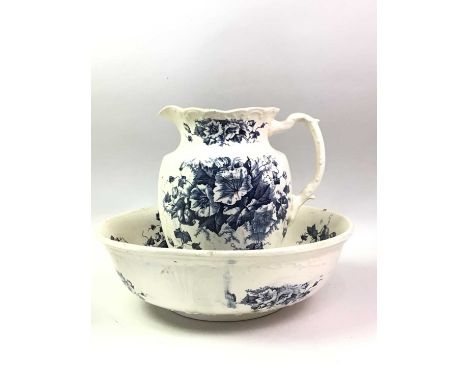 VICTORIAN BLUE AND WHITE EWER AND BASIN, AND ANOTHER BASIN  the ewer and basin with blue floral decoration on a white ground 