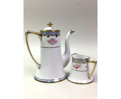 NORITAKE PART COFFEE SERVICE, decorated with pink roses and with pale blue and gilt borders, comprising five cups, six saucer