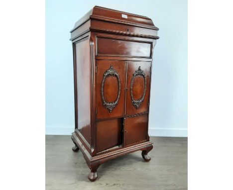 MAHOGANY GRAMOPHONE CABINET, fitted as a drinks cabinet, with BBC label and assorted glasses and decanters110cm high, 52cm wi