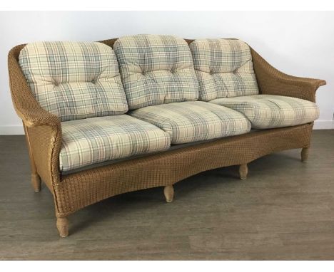 LLOYD LOOM THREE PIECE SUITE, with tweed fabric upholstered cushions, comprising a three seat settee and a pair of rocking ch