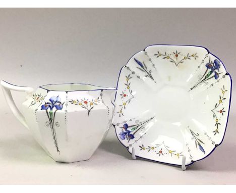 SHELLEY PART TEA SERVICE, BLUE IRIS comprising jug, bowl, cake plates, cups and saucers