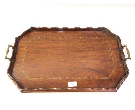 INLAID TRAY, AND OTHER ITEMS  the tray with brass handles, along with a stool money box and a Glasgow Weekly Herald thermomet