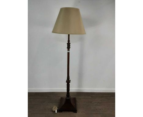 MAHOGANY STANDARD LAMP, on square base with shade