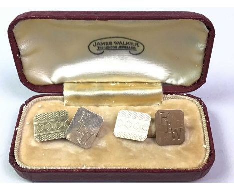 PAIR OF NINE CARAT GOLD CUFFLINKS, each with engine turned decoration engraved with initials marked 375 to underside