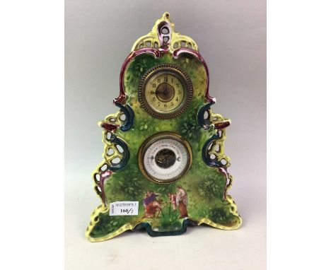 VICTORIAN CERAMIC MANTEL CLOCK, ALONG WITH SIX COLOURED GLASS VASES comprising three blue, two red and an orange glass vaseQt