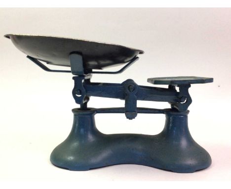 SET OF KITCHEN SCALES AND WEIGHTS, AND OTHER ITEMS  including a clock by Kaytime, and a pair of silver plated shell form butt