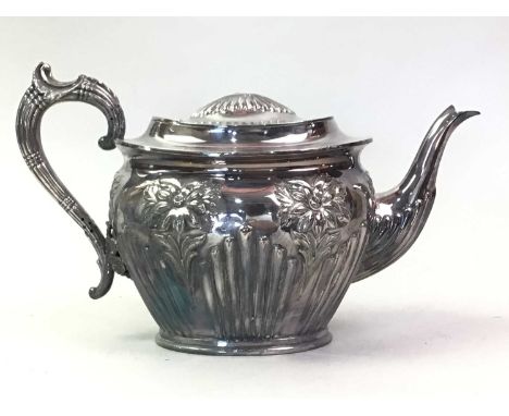 GROUP OF SILVER PLATED WARE, including a tea pot, trays, condiments and a ladle