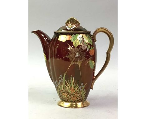 CARLTON WARE ROUGE ROYALE COFFEE SERVICE, decorated with berries, flowers and insects in coloured enamels and gilt on a red g