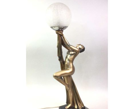 ART DECO STYLE FIGURAL LAMP, with opaque glass spherical shade on a chrome base70cm highScratches and general surface ware, s