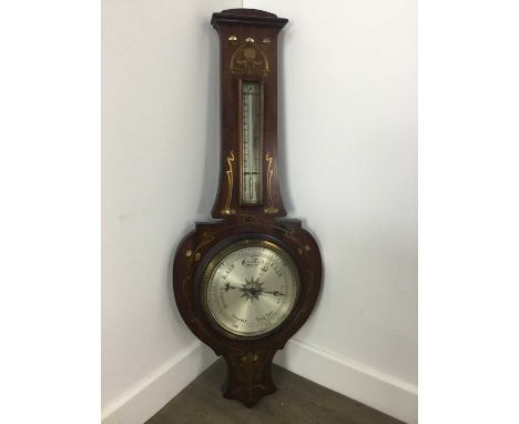 MAHOGANY AND BRASS INLAID BAROMETER, silvered weather dial below a mercury thermometer87.5cm high