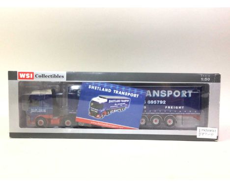 GROUP OF WSI MODELS DIECAST LORRIES, 1:50 SCALE including a Shetland Transport livery DAF 2800 tractor unit with box van trai