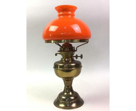 BRASS OIL LAMP, AND OTHER ITEMS  the oil lamp with orange glass shade, along with ceramic figures and a wall pocketlamp 49cm 