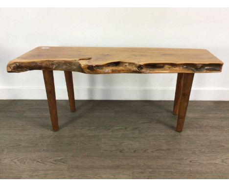SMALL WOODEN BENCH, AND A SMALL WOODEN STOOL the bench on turned legs40cm high, 96cm wideQty: 2